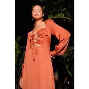 Farm Rio NEW Rust Orange Cutout Maxi Dress with Lace-Up Bodice